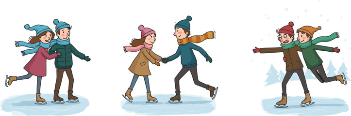 Couples ice skating together on frozen lake, winter outdoor activity, festive season illustration, people enjoying snow, cartoon vector art with fun.