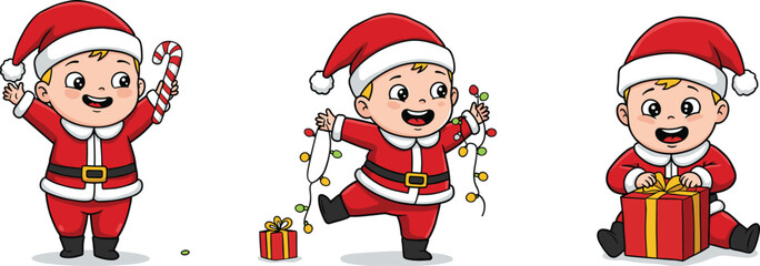 Cute baby Santa Claus cartoon characters, holding candy cane, Christmas lights, opening gift box, holiday festive illustration, adorable Christmas artwork.