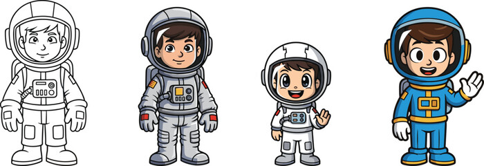 Cute cartoon astronaut kids, children in colorful space suits, vector illustration, space exploration theme, cosmic adventure art, astronaut costume design