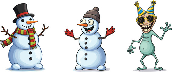 Funny cartoon snowmen and party character illustration, winter holiday snowman with hat, scarf, carrot nose, gloves, Christmas celebration design.