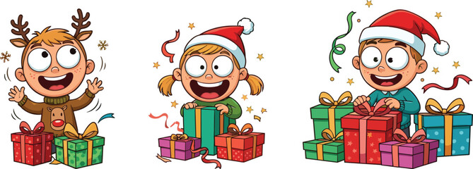 Happy children celebrating Christmas with presents, cartoon kids wearing Santa hats, holiday gifts, festive party illustration, joyful winter holiday season.