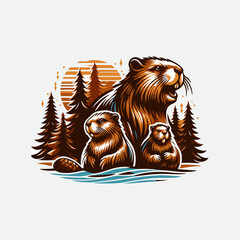 angry beaver family logo design, vector illustration Canadian icon logo design concept. Beaver day illustration. Beaver Mascot Logo, Cartoon Beaver Mascot. line art beaver illustration
