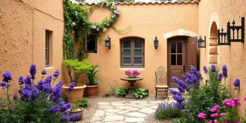 Naklejka premium Charming mediterranean courtyard with purple flowers and rustic architecture