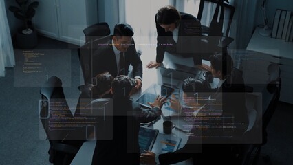 A group of professionals collaborates in a modern office, utilizing technology for effective communication and idea sharing. The atmosphere fosters innovation and teamwork. Raster