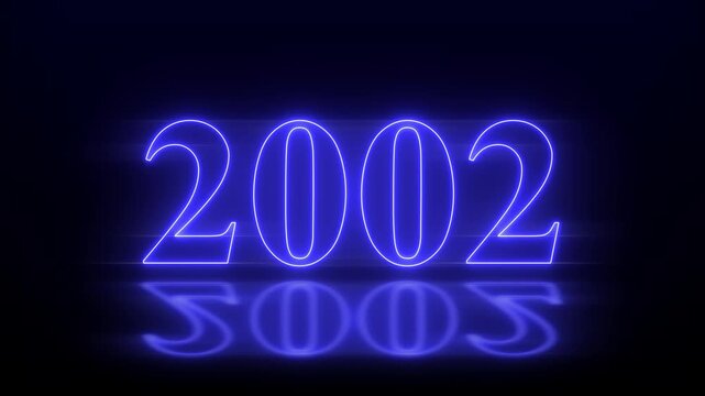 Futuristic glowing neon light 2002 Year text animation. Animated text 2002 neon glowing with reflection, Glowing neon number text background 4k video animation .Digital font against a dark background.