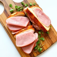 Deliciously smoked ham slices stacked on toasted bread with fresh green garnish on wooden board