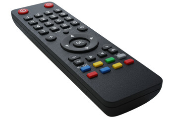 A sleek matte black universal remote with ruby-red power button and depressed grey button, laser-etched numbers, colored function buttons, isolated on transparent, extreme close-up macro, concept of