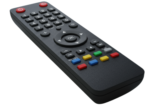 A sleek matte black universal remote with ruby-red power button and depressed grey button, laser-etched numbers, colored function buttons, isolated on transparent, extreme close-up macro, concept of