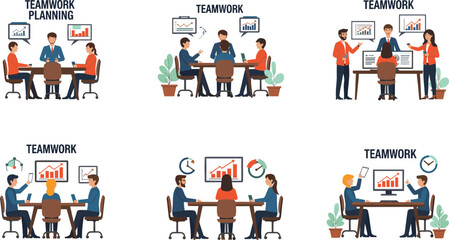 Teamwork, collaboration, office meeting, business planning, data analysis, professional discussion, corporate strategy, brainstorming, teamwork illustration, modern workplace, productivity concept