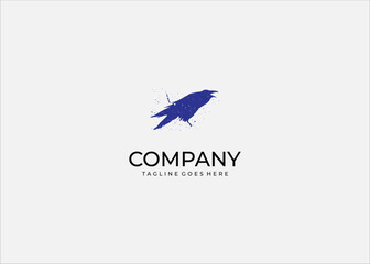 Abstract blue crow raven bird logo with splatter effect, modern artistic vector design for branding, business identity, creative company, edgy contemporary illustration concept.