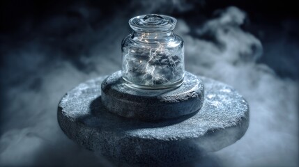 An intriguing image of a lightning storm encapsulated within a glass jar, placed on a stone platform amidst swirling mist