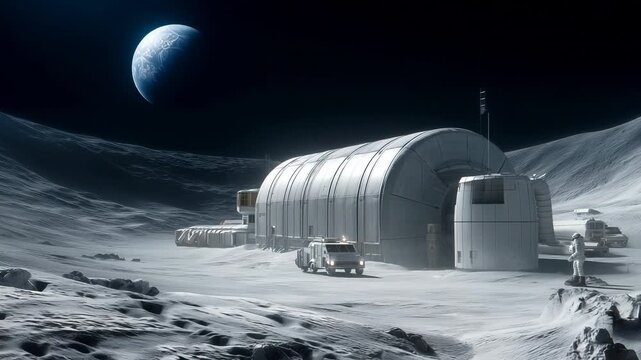 Advanced scientific outpost showcasing cylindrical habitat module, exploration vehicle, and astronaut positioned near modular structures. Dramatic lunar landscape with Earth visible