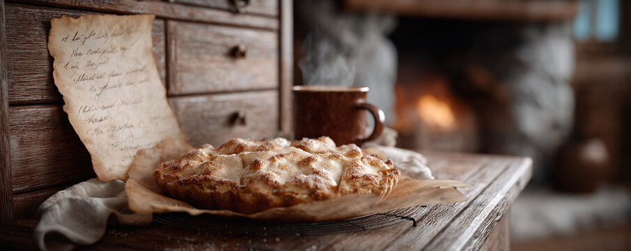 Cozy scene featuring a baked pie, steaming beverage, and old recipe by a fireplace. Warm, rustic aesthetic perfect for food blogs, holiday content, or homey visuals. - Powered by Adobe