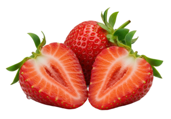 Dramatic macro close-up of two whole, one sliced, ripe red strawberries with golden achenes, moist interior, isolated on transparent, high-key studio light, shallow depth of field, highlighting
