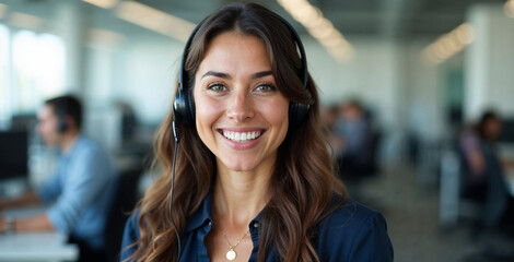Young smiling Indian woman working in customer care smiling and talking with clients. Help desk and call center office