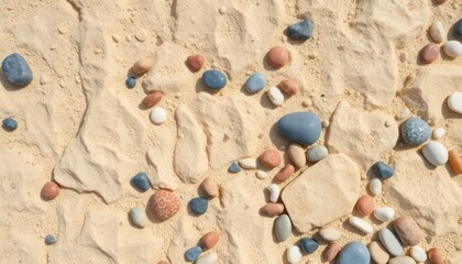 Close up overhead view of colorful smooth pebbles scattered across textured sandy beach surface