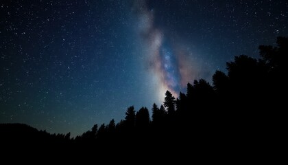 Silhouetted evergreen trees against a vibrant milky way galaxy under a starry night sky