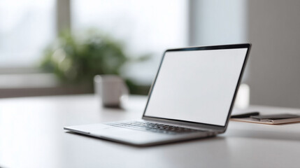 Modern laptop with blank white screen on a minimalist desk. Ideal for showcasing websites, apps, or presentations. Workspace concept, business, technology.