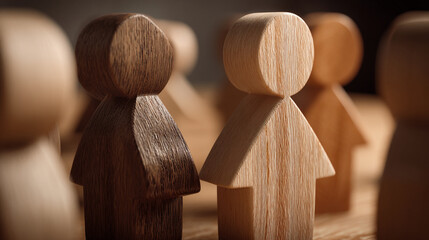 Wooden figures standing together in a group with different shades of wood and a dark background