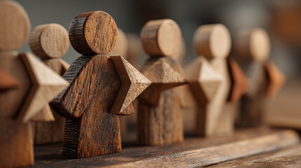A row of wooden figures with star shaped arms standing on a wooden surface in a blurred background