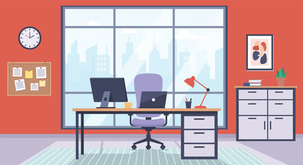 Vibrant modern office interior featuring a professional workspace with a sleek desk, computer, and a large window overlooking a dynamic city skyline, ideal for productivity