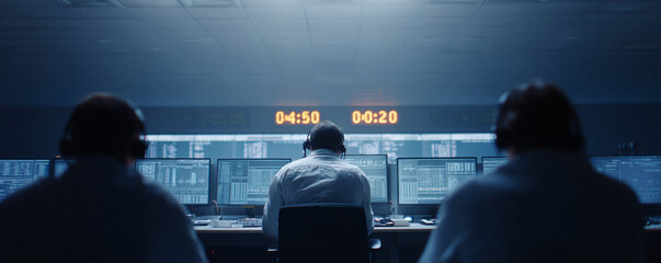 Control center operators at work. Surveillance, technology, security. Manages risk, monitors systems. Data driven. Suitable for finance, IT, tech stories.