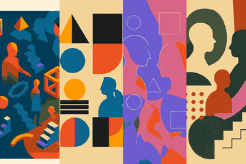 A vibrant digital illustration captures three diverse individuals engaged in a dynamic discussion, surrounded by abstract geometric shapes symbolizing shared ideas and creative problem-solving.