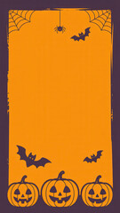 Halloween poster design with jack-o’-lanterns, bats, and spider on orange backdrop