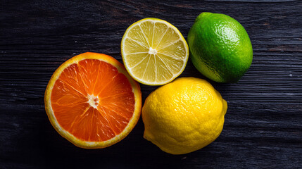 Close up of citrus fruits including orange lemon and lime on a dark wooden surface texture