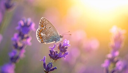 Naklejka premium Butterfly on Lavender at Sunset: A Serene Summer Moment
