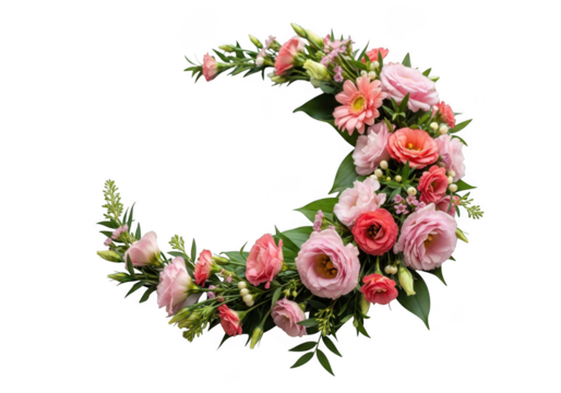 Crescent moon shape decorated with beautiful pink and white flowers isolated on transparent background