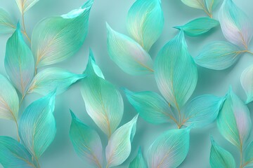 Calming seamless pattern of delicate aqua and teal translucent leaves.