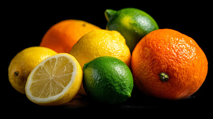 A vibrant still life of citrus fruits including oranges lemons and limes on a dark background surface
