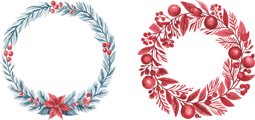 Two elegant Christmas wreaths with poinsettia, red berries, green pine, and autumn leaves on white background