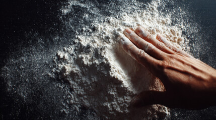 A hand touching a pile of white flour on a dark surface in a dimly lit or shadowed environment