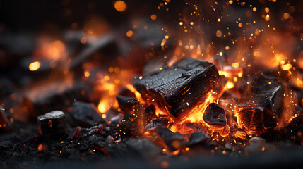 Close up view of burning charcoal with bright orange flames and flying sparks in the dark background