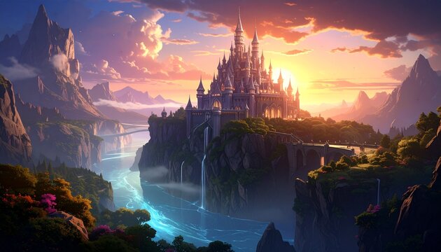 Floating dreamlike palace DESIGN built on crystal cliffs above endless glowing rivers, surreal light atmosphere 