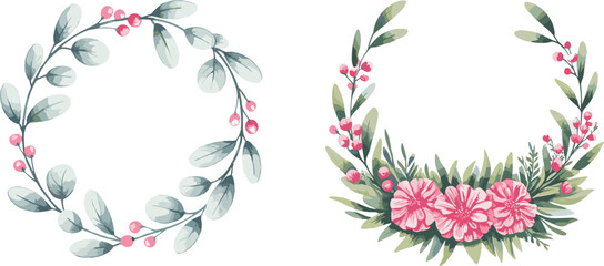 Two elegant Christmas wreaths with poinsettia, red berries, green pine, and autumn leaves on white background