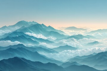 Magnificent panoramic view of blue mountain range with clouds, creating a serene landscape, capturing the tranquility of nature and the vastness of the horizon.