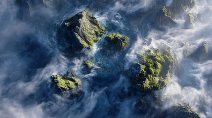 Aerial view of rocky islands with green vegetation surrounded by swirling blue and white clouds