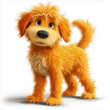 A realistic image of a small, fluffy, orange dog with big eyes and a playful expression. The dog stands on a white background, casting a soft shadow
