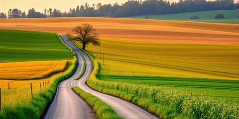 Winding country road through vibrant green and golden fields at sunset with a lone tree