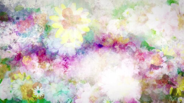 水彩画風の花が次々に描かれていく1　ループ　紙のテクスチャ背景