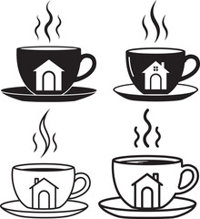Obraz premium Four steaming coffee cups with house silhouette