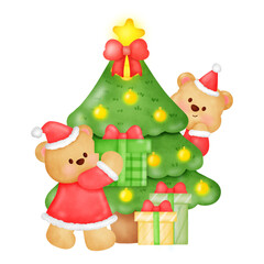 Two teddy bears are playing around a Christmas tree