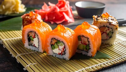 Colorful sushi rolls on a bamboo mat