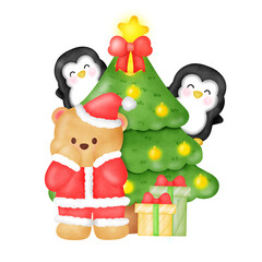 A penguin is standing in front of a Christmas tree