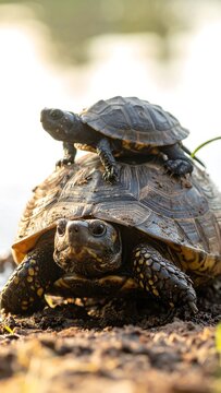 Two turtles, one small on top
