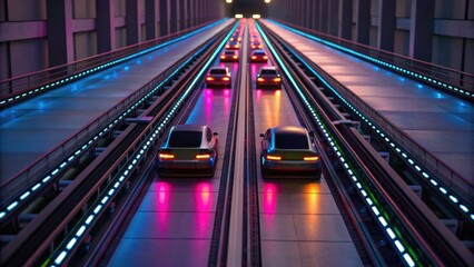 A vibrant scene of miniature cars on a futuristic track, illuminated by colorful lights, suggesting a dynamic and modern transport environment.