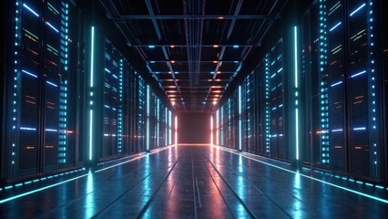 A futuristic data center corridor illuminated by colorful lights, showcasing rows of servers and a glowing exit ahead.